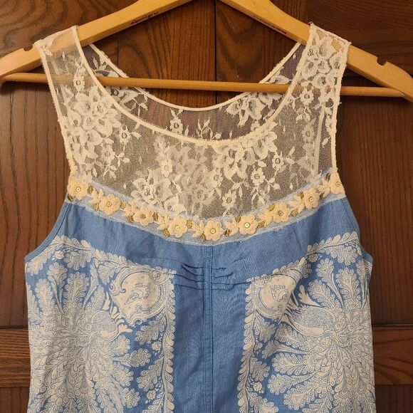 Vintage Free People Blue & White Lace Trim Linen Mini Shift Dress Y2K - Picture 4 of 8